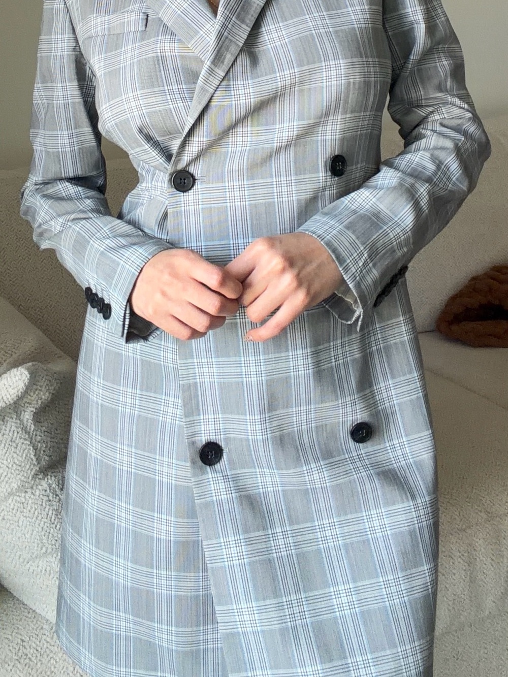 Theory Gray Plaid Double-Breasted Blazer Coat